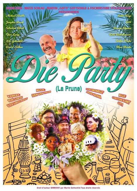 "Jakob Hein und Matze Schlau präsentieren: Die Party (La Prune). Buntes, tropisches Design mit fröhlichen Menschen."