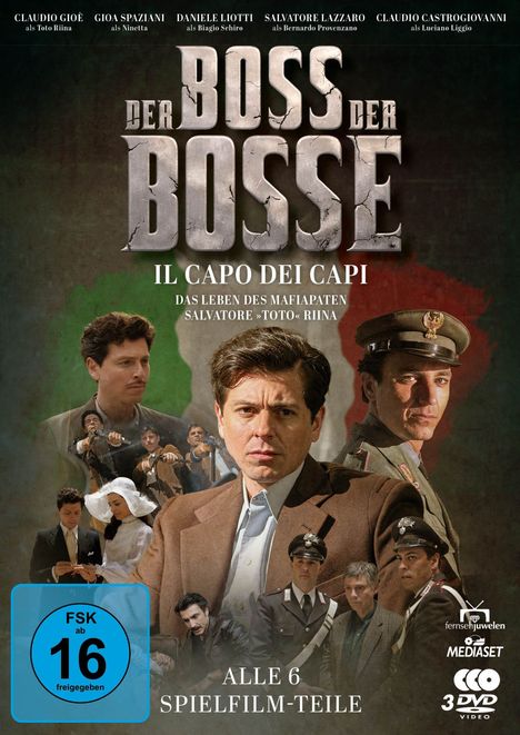 "Der Boss der Bosse" in großen Buchstaben, darunter "Il Capo dei Capi". Abgebildet sind ernste Männer in Anzügen.