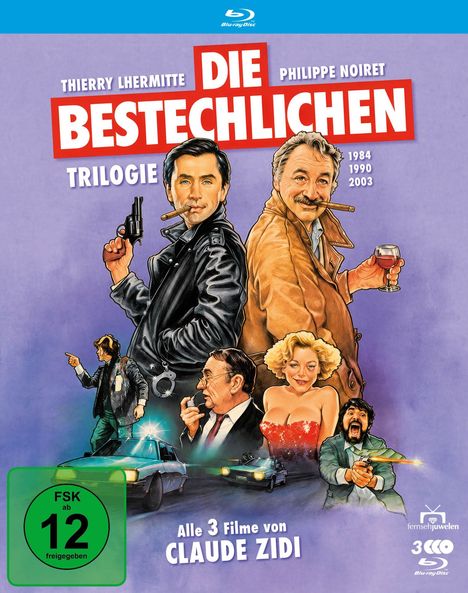 „DIE BESTECHLICHEN TRILOGIE“ mit Thierry Lhermitte, Philippe Noiret. Drei Filme von Claude Zidi. Illustration mit Polizisten und Autos.