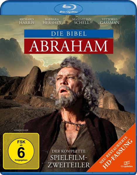 Oben: Richard Harris, Barbara Hershey. Mitte: "DIE BIBEL: ABRAHAM". Unten: "Der komplette Spielfilm-Zweiteiler". Ein Mann mit grauem Haar steht vor felsiger Landschaft.