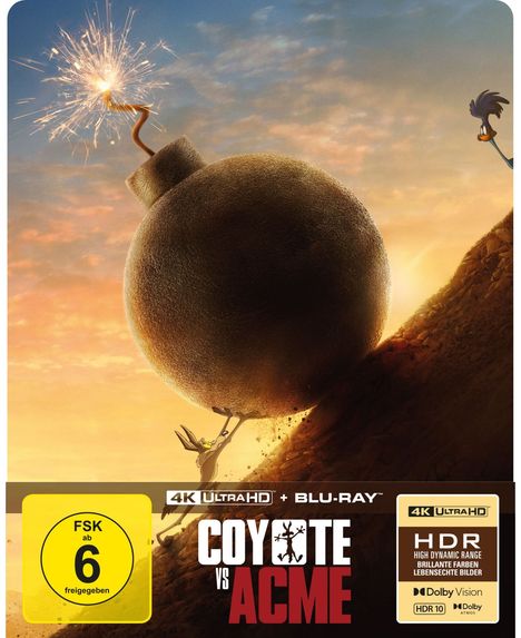 „4K ULTRA HD + BLU-RAY”, „COYOTE VS ACME”, „HDR”. Zeichnung: Kojote rollt große Bombe Hügel hoch, Vogel beobachtet.