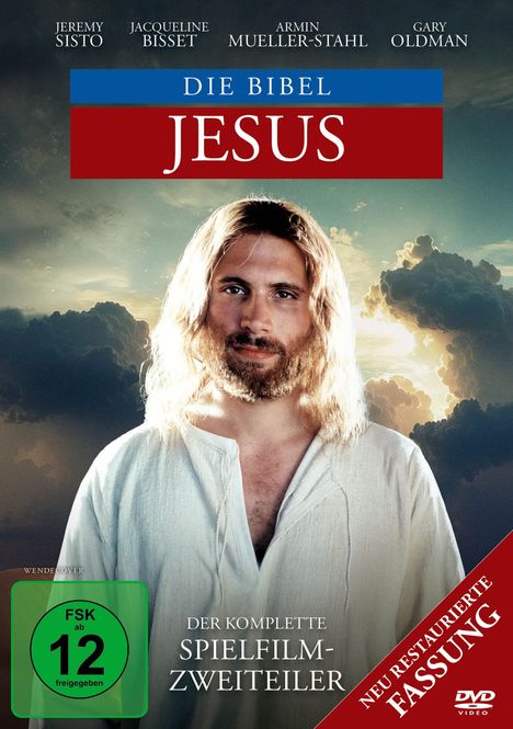 "Die Bibel: Jesus", "Der komplette Spielfilm-Zweiteiler", "FSK ab 12", "Neu restaurierte Fassung". Gesicht eines Mannes.