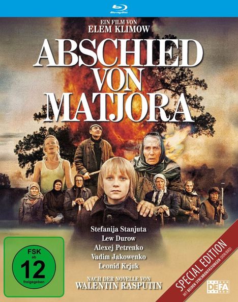 "ABSCHIED VON MATJORA" in großen Buchstaben. Darunter sind mehrere Menschen vor einem brennenden Baum zu sehen.