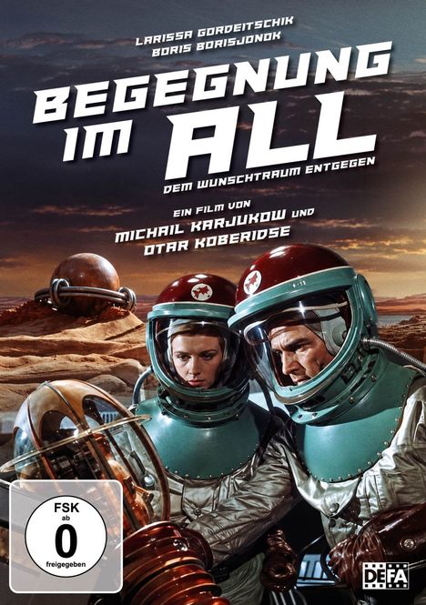 "BEGEGNUNG IM ALL" ist ein Filmposter mit zwei Personen in Raumanzügen vor einer futuristischen Kulisse.