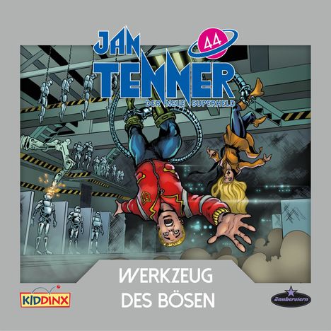 "Jan Tenner, Werkzeug des Bösen". Comic-Stil: Zwei Menschen fallen kopfüber in einer futuristischen Roboterfabrik.