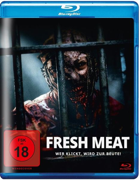 "FRESH MEAT. Wer klickt, wird zur Beute! FSK ab 18." Ein bedrohlich aussehendes Gesicht hinter Gittern.