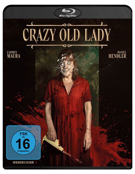 "Crazy Old Lady", Namen: Carmen Maura, Daniel Hendler. Frau in rotem Kleid mit Kettensäge, blutiger Hintergrund. FSK 16.