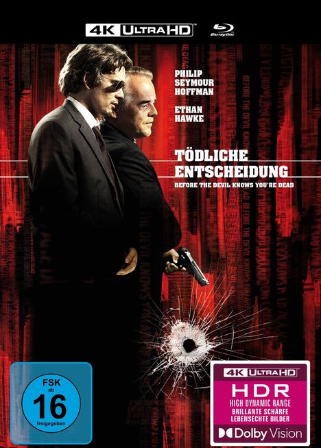 Texte: "Philip Seymour Hoffman", "Ethan Hawke", "Tödliche Entscheidung", "Before the Devil Knows You're Dead". Zwei Männer im Anzug.