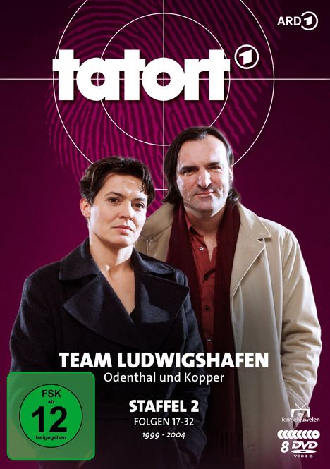 „tatort“, „TEAM LUDWIGSHAFEN“, „STAFFEL 2“. Zwei Menschen in Mänteln vor einem violetten Hintergrund.