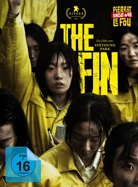 Text: "THE FIN", "Ein Film von SyeYoung Park", "FSK ab 16". Menschen in gelben Jacken, eine Person hebt die Hand.