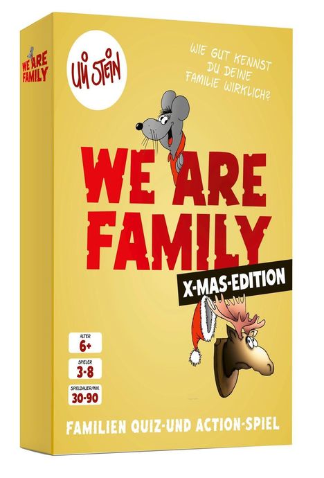 "We Are Family: X-Mas-Edition. Alter 6+, Spieler 3-8, Spieldauer 30-90. Familien Quiz-und Action-Spiel." Eine Illustration zeigt eine Maus und einen Elch mit Weihnachtsmütze.