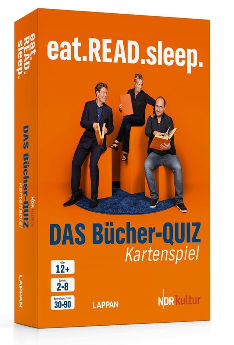 "eat.READ.sleep." und "DAS Bücher-QUIZ Kartenspiel" auf orangener Verpackung, drei Personen mit Büchern.