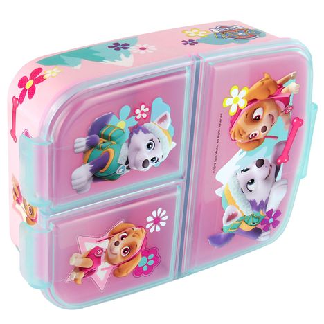 Lunchbox mit animierten Hunden in bunten Outfits und Blumen auf rosa Hintergrund; kindlich und fröhlich gestaltet.