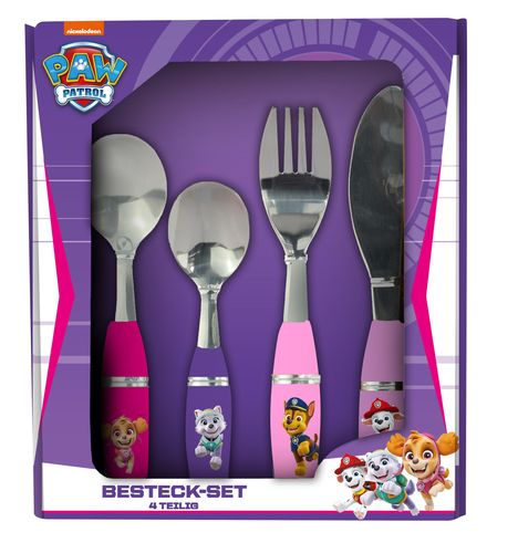 "Paw Patrol" und "Besteck-Set 4 Teilig" auf lila Hintergrund. Besteck mit bunten Griffen und Hundemotiven.