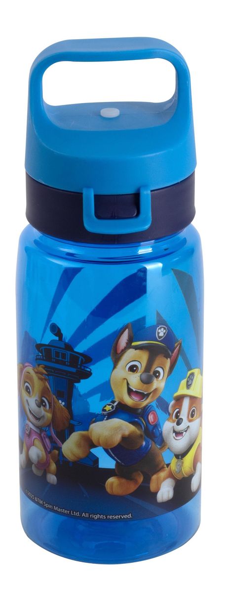 Illustration von fröhlichen, cartoonhaften Hundewelpen in bunten Uniformen auf einer blauen Trinkflasche.