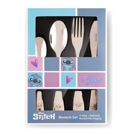 "Disney Stich Besteck-Set, 4 teilig, Edelstahl, rostfrei mit Prägung." Enthält Löffel, Gabel und Messer mit Stich-Motiven.