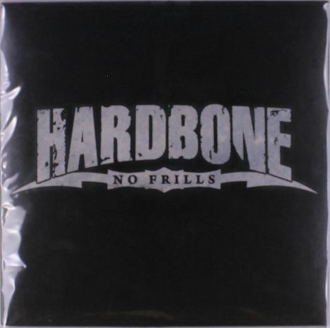 Text "HARDBONE" oben in großen Buchstaben, darunter "NO FRILLS"; beides in einem schlichten typografischen Logo-Stil.