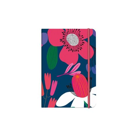 Keine Texte sichtbar. 

Illustration eines Notizbuches mit bunten, stilisierten Blumen auf dunkelblauem Hintergrund.