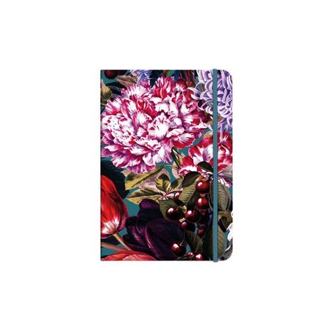 Ein Notizbuch mit bunten Blumen und Beeren auf dem Einband, darunter rote, violette und weiße Blüten sowie grüne Blätter.