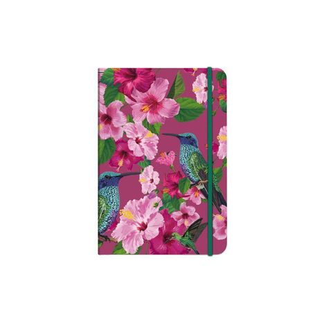 Illustration eines Notizbuchs mit pinken Hibiskusblüten und schillernden Kolibris auf pinkem Hintergrund.