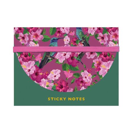 "Sticky Notes" in Gelb auf grünem Hintergrund; oben bunte Blumen und Vögel, rosa Band.