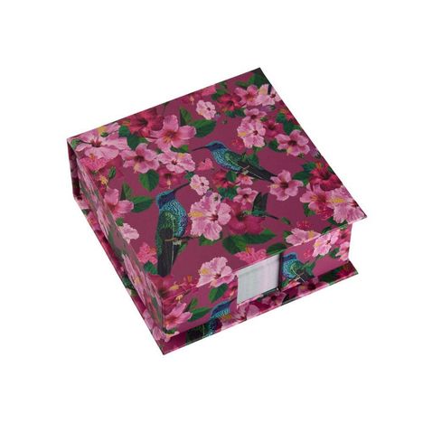 Eine dekorative Box mit rosa Blumen und grünen Kolibris auf dunkelrotem Hintergrund.