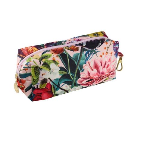 Ein rechteckiges Etui mit buntem Blumenmuster, goldener Reißverschluss und Karabinerhaken.