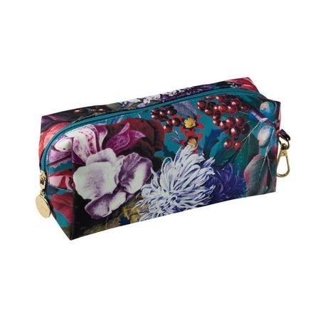 Kosmetiktasche mit floralen Mustern in kräftigen Farben, wie Rot und Blau. Metallner Verschlussanhänger.