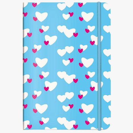 Keine Texte vorhanden. Himmelblauer Hintergrund mit weißen und rosa Herzen.