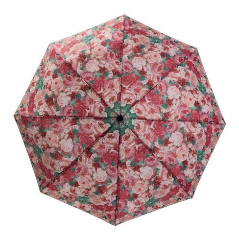 Keine Texte. Ein Regenschirm mit rosa-blumigem Muster, gleichmäßig verteilt über die gesamte Fläche.
