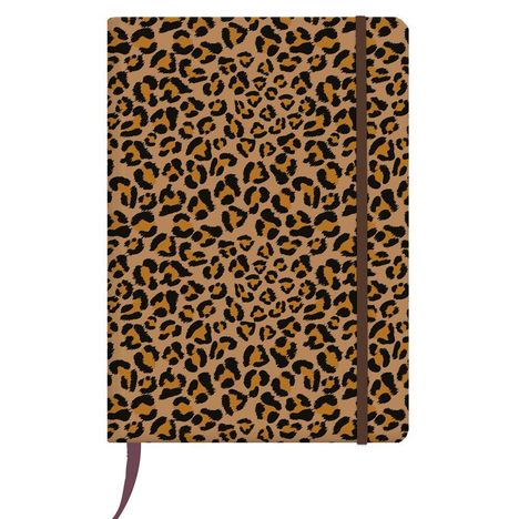 Ein Notizbuch mit einem Leopardenmuster in Braun- und Schwarztönen und einem elastischen Verschlussband.