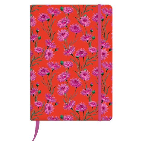 Kein Text vorhanden. Ein Notizbuch mit rotem Hintergrund und violetten Blumenmuster, rosa Gummiband und Lesebändchen.