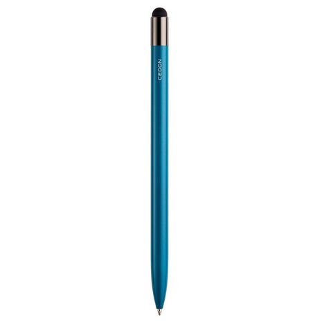 Text: "CEDON". Ein blauer Stift mit einer schwarzen Gummikappe am oberen Ende.