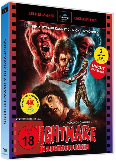 Text: "Diesem Alptraum kannst du nicht entkommen!", "Nightmare in a Damaged Brain", "Uncut Fassung", "FSK ab 18". Gruselige Gesichter, Blut und Axt.