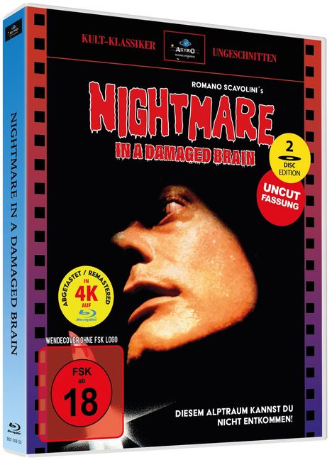 "NIGHTMARE IN A DAMAGED BRAIN", FSK 18, "DIESEM ALPTRAUM KANNST DU NICHT ENTKOMMEN!" zeigt ein nach oben blickendes Gesicht.