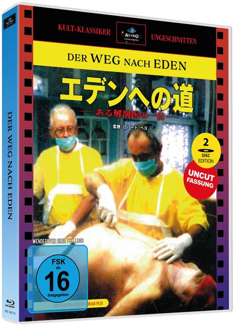 "Der Weg nach Eden. Kult-Klassiker. Ungeschnitten. Uncut Fassung. Zwei maskierte Personen in gelben OP-Kitteln."