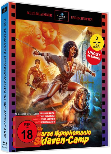 Text: "KULT-KLASSIKER", "UNGESCHNITTEN", "Die schwarze Nymphomanin im Sklaven-Camp". Illustration mit kämpfenden Frauen.