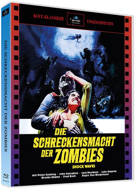 Blu-ray Cover: "Die Schreckensmacht der Zombies", Szene mit Frau von Zombie festgehalten, unheimliche Unterwasserzombies.