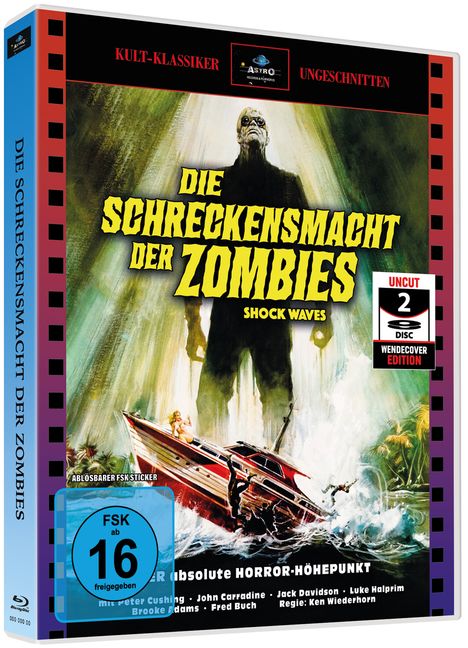 Texts: 

- "Die Schreckensmacht der Zombies"
- "SKULT-CLASSIKER"
- "UNGESCHNITTEN"
- "UNCUT 2 DISC WENDECOVER EDITION"
- "FSK ab 16 freigegeben"
- "Der absolute Horror-Höhepunkt"

Bild: Illustration eines Zombies und eines Bootes auf stürmischem Wasser.