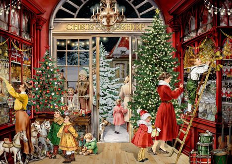 „Christmas Shop“ steht über einer Tür. Menschen dekorieren und erfreuen sich an einem festlichen Weihnachtsschaufenster.