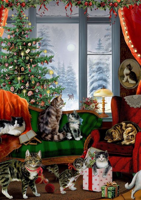 Eine Illustration: Mehrere Katzen sitzen in einem weihnachtlich dekorierten Raum. Ein Fenster zeigt eine verschneite Landschaft.