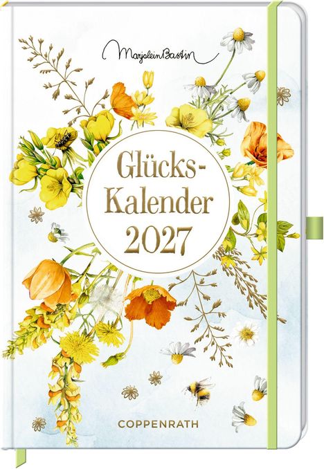 "Glücks-Kalender 2027" steht in der Mitte. Florales Motiv mit gelben und orangen Blumen, Bienen, und grünem Band.