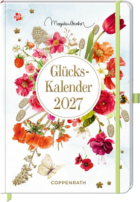"Glücks-Kalender 2027" steht in einem Kreis auf einem floralen Hintergrund mit Blumen, Beeren und Schmetterling.
