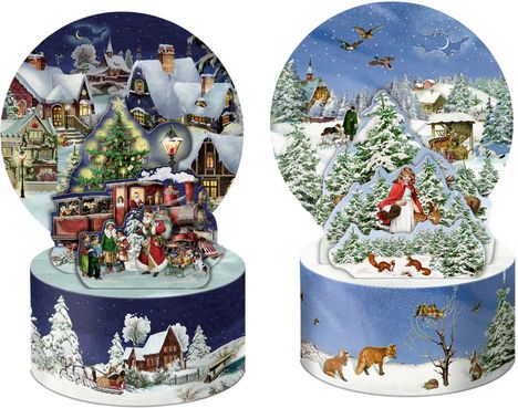 Linkes Bild: Eine winterliche Szenerie mit einem Weihnachtsbaum, Santa und einer Dampflok.

Rechtes Bild: Winterwald mit Tieren, einem Mädchen in Rot und verschneiten Bäumen.