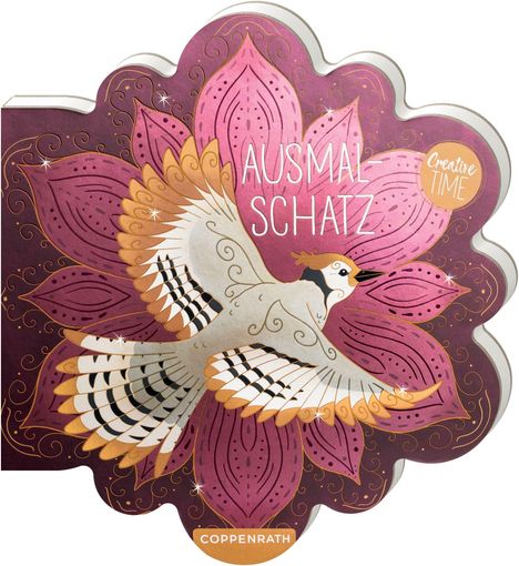 Text: "AUSMALSCHATZ", "Creative TIME". Illustration: Ein Vogel fliegt vor einem großen, pinken Blumenmotiv.