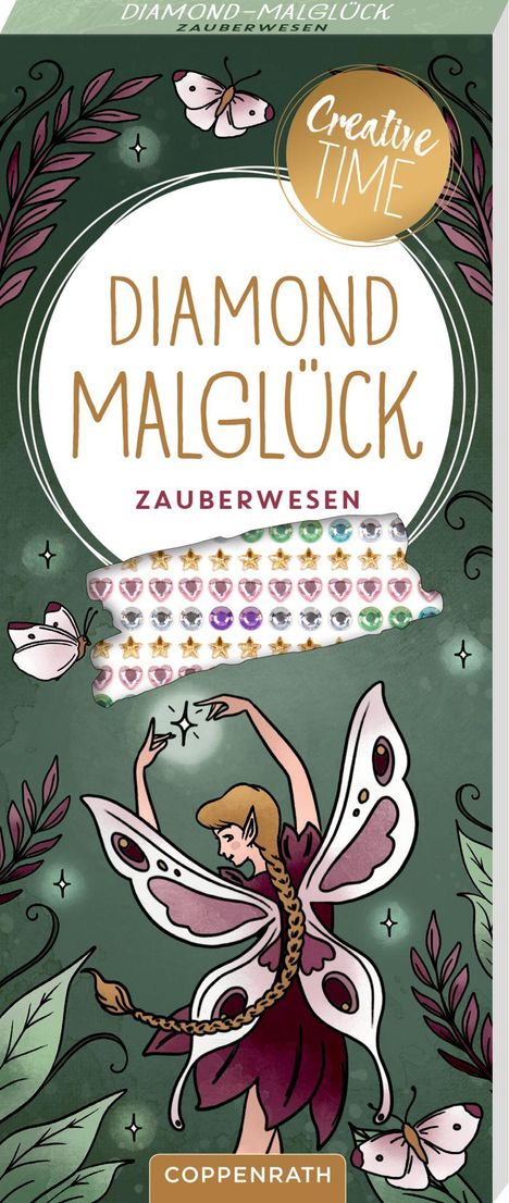 Text: Diamond Malglück, Zauberwesen, Creative Time. Illustration: Fee mit Flügeln, Schmetterlinge, Blumenmuster.