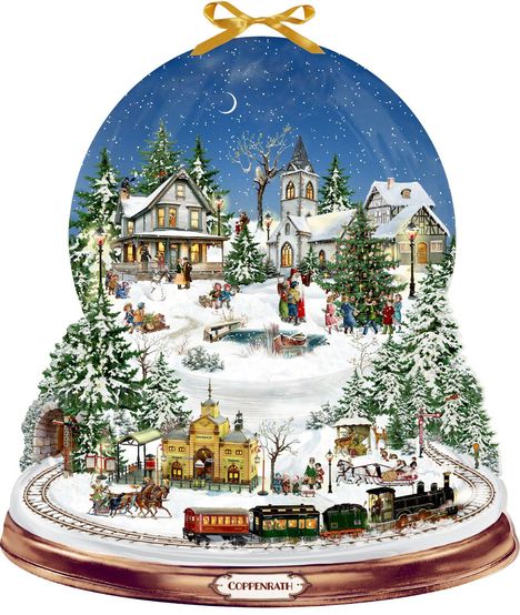 Ein weihnachtliches Dorfszenario mit schneebedeckten Häusern, Tannenbäumen, Menschen und einer fahrenden Modelleisenbahn.
