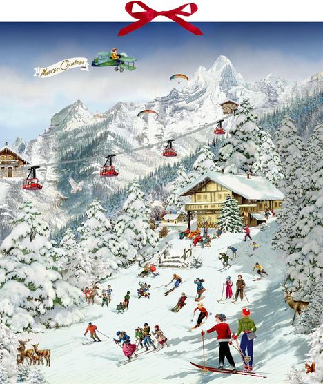"Merry Christmas" auf einem Banner hinter einem Flugzeug. Winterliche Bergszene mit Skifahrern, Seilbahn und verschneiten Bäumen.