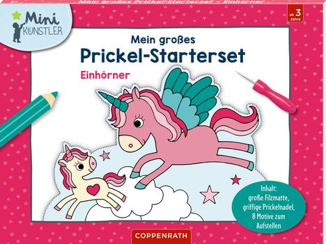 "Mein großes Prickel-Starterset Einhörner" mit Illustration zweier Einhörner, eines fliegt, das andere steht auf einer Wolke.