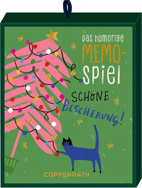 "Das humorige Memo-Spiel. Schöne Bescherung!" Eine Illustration mit pinkem Baum und Katze auf grünem Hintergrund.